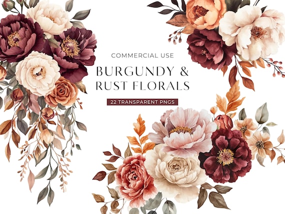 Burgundy Rust Flower Clipart, DIGITAL DOWNLOAD, Fall Wedding Invitation Clip Art, Autumn Floral Bouquets, Boho Rose Peony Commercial Use PNG