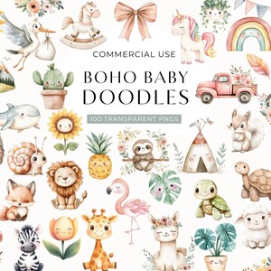 Boho Baby Doodle Clipart, DIGITAL DOWNLOAD, Watercolor Nursery Clip Art Bundle, Baby Shower Clipart, Cute Animal Clipart, Commercial Use PNG