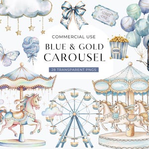 Clipart acquerello carosello blu, clipart carino cavallo da giostra, clipart pony baby shower, PNG per uso commerciale per decorazioni per la cameretta dei bambini, DOWNLOAD DIGITALE
