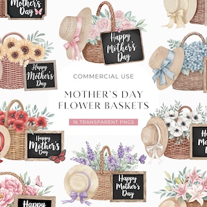 Moederdag bloemenmand clipart, Happy Mothers Day teken illustraties, afbeeldingen aquarel bloemen boeket, bloemstuk graphics, digitaal