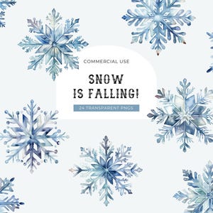 Snowflake Watercolor Clipart, DIGITAL DOWNLOAD, Christmas Snowflakes Clipart, Blue Falling Xmas Snow, Winter Graphics Commercial Use PNG