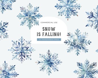 Clipart de acuarela de copos de nieve, DESCARGA DIGITAL, Clipart de copos de nieve navideños, Nieve navideña azul que cae, Gráficos de invierno para uso comercial PNG