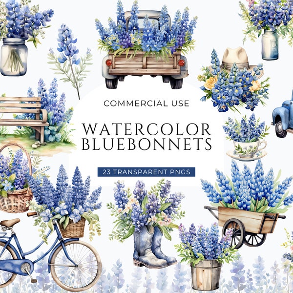 Aquarel Bluebonnet Clipart, DIGITALE DOWNLOAD, Texas State Wildflower Clip Art, Sublimatie Clipart, Blauwe Bloemenkrans Commercieel Gebruik PNG