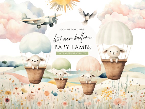 Baby Sheep Watercolor Clipart, DIGITAL DOWNLOAD, Lamb Hot Air Balloon, Spring Baby Animal, Nursery Clipart, Transparent Commercial Use PNG