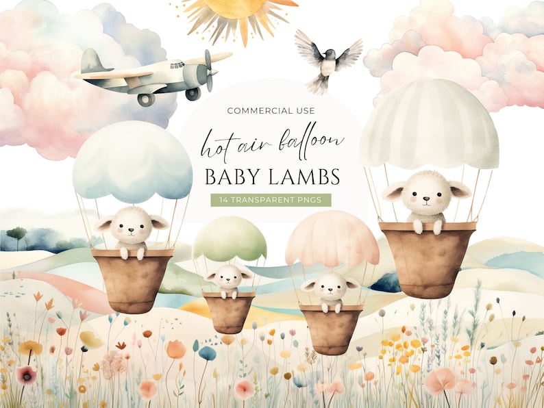 Baby Sheep Watercolor Clipart, DIGITAL DOWNLOAD, Lamb Hot Air Balloon, Spring Baby Animal, Nursery Clipart, Transparent Commercial Use PNG image 1