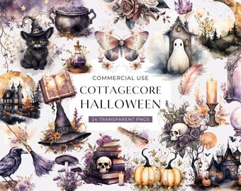 May include: A digital collection of 24 watercolor illustrations featuring a black cat, witch hat, cauldron, ghost, haunted house, skull, pumpkins, moth, and books with the text COMMERCIAL USE COTTAGECORE HALLOWEEN 24 TRANSPARENT PNGS.