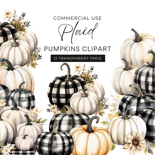 Black And White Pumpkin Clipart, DIGITAL DOWNLOAD, Buffalo Check Pumpkin, Farmhouse Plaid Tartan, Fall Autumn Watercolor, Commercial Use PNG
