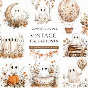 Op de afbeelding: Waterverfillustraties van vintage herfstgeesten in verschillende scènes. Geesten worden afgebeeld met bloemaccenten, pompoenen vasthoudend, boeken lezend en in een heteluchtballon rijdend. De tekst "Vintage Fall Ghosts" wordt weergegeven.