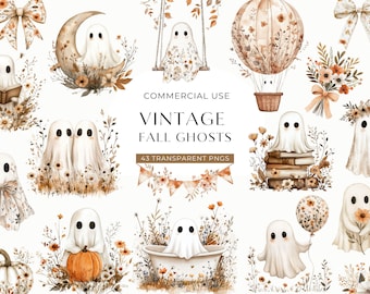 Vintage Fall Ghost Clipart, Autumn Boho Ghost Clip Art, Watercolor Ghost And Flower Images, Halloween Junk Journal Graphics, DIGITAL PNG