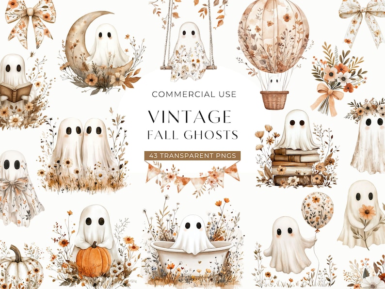 Etsy listing example with watercolor ghosts and muted autumn junk journal artwork