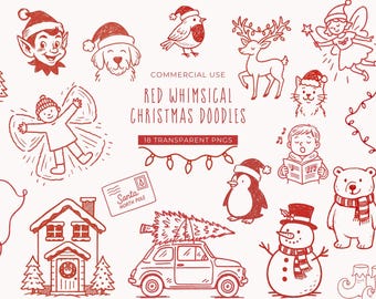 Whimsical Christmas Doodle Clipart, Xmas Hand Drawn Sketch Style Clip Art, Red Winter Line Art, Cute Festive Commercial Use DIGITAL PNG