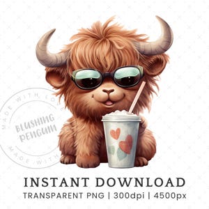 Coffee Addict Highland Cow PNG, Image unique en téléchargement numérique, Sublimation mignon Design Clip Art, Clipart, aquarelle Western, usage Commercial