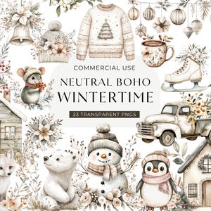 Boho vinter Clipart, digital nedladdning, neutral jul clipart, mysig jul akvarell, rustik vintertid, söt december kommersiell användning PNG