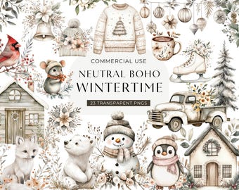 Boho Winter Clipart, DIGITAL DOWNLOAD, Neutral Xmas Clip Art, Cozy Christmas Watercolor, Rustic Wintertime, Cute December Commercial Use PNG