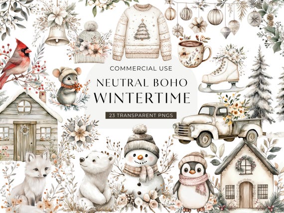 Boho Winter Clipart, DIGITAL DOWNLOAD, Neutral Xmas Clip Art, Cozy Christmas Watercolor, Rustic Wintertime, Cute December Commercial Use PNG