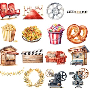 Movie Night clipart, digitale DOWNLOAD, bioscoop clipart, bioscoop clipart, popcorn illustraties, aquarel film clipart, commercieel gebruik png afbeelding 3