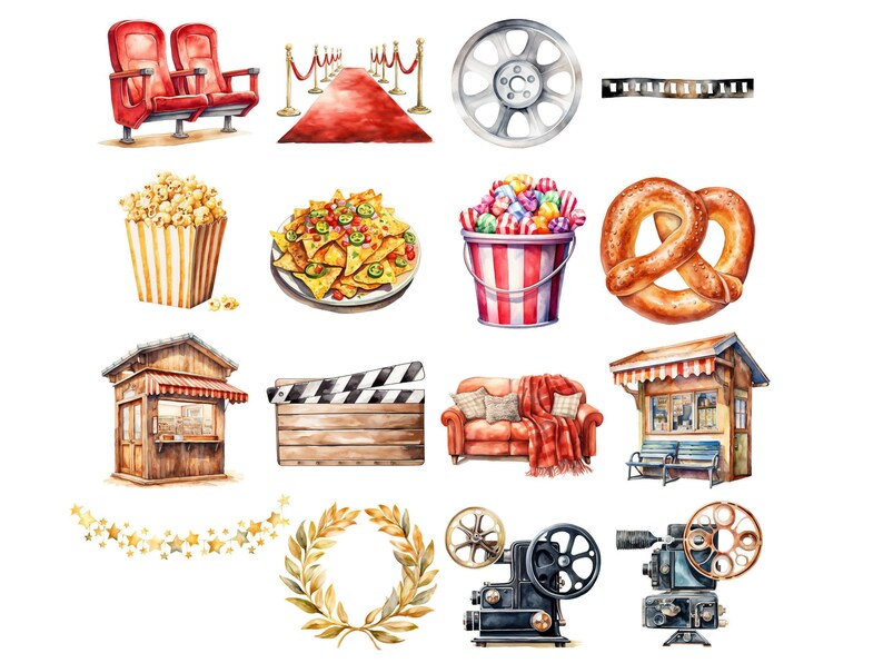 Movie Night clipart, digitale DOWNLOAD, bioscoop clipart, bioscoop clipart, popcorn illustraties, aquarel film clipart, commercieel gebruik png afbeelding 3