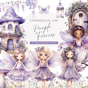 Clipart fata viola, DOWNLOAD DIGITALE, graziose fate lilla acquerellate, clipart compleanno bambina pastello, porta casa fata, uso commerciale PNG