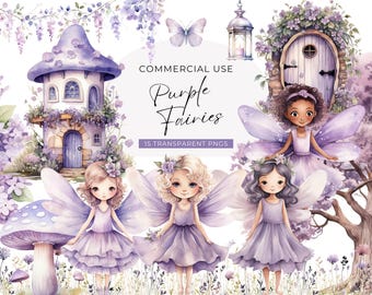 Purple Fairy Clipart, DIGITAL DOWNLOAD, Cute Watercolor Lilac Fairies, Pastel Girl Birthday Clip Art, Fairy House Door, Commercial Use PNG