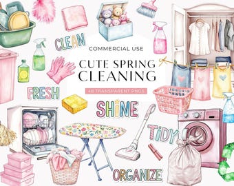Cute Cleaning Clipart, Watercolor Cleaning Supplies, Kids Home Chores Clip Art, Spring House Cleaning Clipart, Housekeeping DIGITAL DOWNLOAD