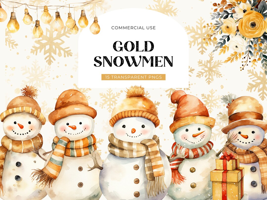 Gold Christmas Snowmen Clipart, DIGITAL DOWNLOAD, Cute Snowman Clipart ...