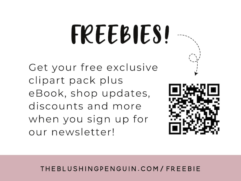 Puede incluir: Fondo blanco con la palabra "FREEBIES!" en fuente manuscrita. El texto debajo ofrece un paquete de im&aacute;genes predise&ntilde;adas gratis, un libro electr&oacute;nico, actualizaciones de la tienda y descuentos al registrarse en el bolet&iacute;n. Hay un c&oacute;digo QR.