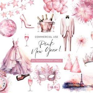 Oudejaarsavond clipart roze, digitale download, 2024 aquarel Happy NYE Party, champagne clipart, feesthoed clipart, gratis commercieel gebruik, png