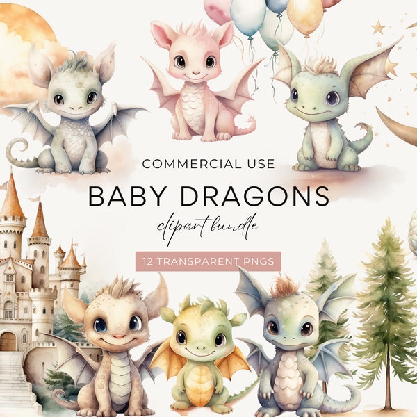 Baby Dragon Clipart, DIGITAL DOWNLOAD, Watercolor Clipart Baby Dragons, Fantasy Clip Art Bundle, Cute Graphic Set, Commercial Use PNG Images