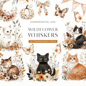 May include: Watercolor illustrations featuring cats, butterflies, and floral elements in warm tones. The image includes a crescent moon, a pumpkin, and the text "WILDFLOWER WHISKERS" with "32 TRANSPARENT PNGS".