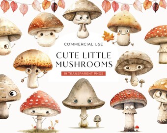 Clipart original mignon de champignon, clipart aquarelle de champignon vénéneux, champignons drôles lunatiques, scrapbooking numérique Cottagecore, usage commercial PNG
