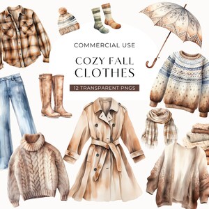 Fall Clothes Clipart Bundle, DIGITAL DOWNLOAD, Watercolor Autumn Sweater Clip Art Pack, Fashion Boho Outfit Graphics Set, Commercial Use PNG image 1