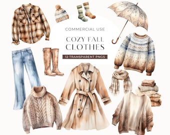 Paquete de imágenes prediseñadas de ropa de otoño, descarga digital, paquete de imágenes prediseñadas de suéteres otoñales en acuarela, conjunto de gráficos de atuendos bohemios de moda, PNG para uso comercial