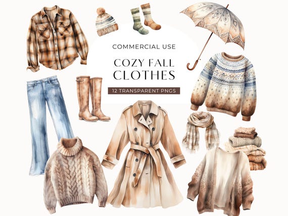 Fall Clothes Clipart Bundle, DIGITAL DOWNLOAD, Watercolor Autumn Sweater Clip Art Pack, Fashion Boho Outfit Graphics Set, Commercial Use PNG