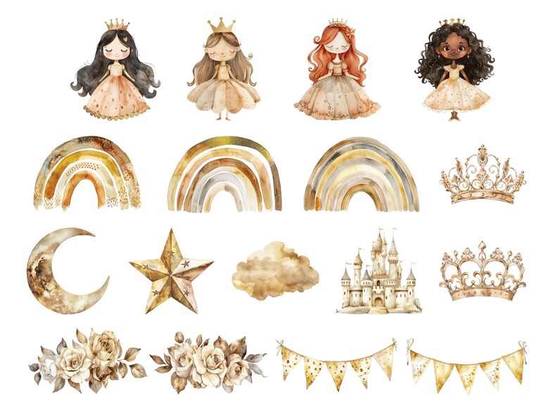 Princess Unicorn Clipart, Cute Watercolor Fairytale Clip Art, Kids ...
