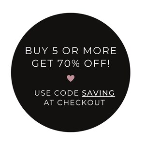 a black circle with the words buy 5 or more get 70 % off use code