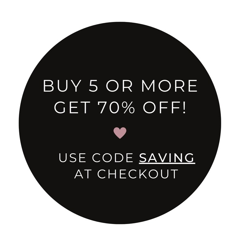 a black circle with the words buy 5 or more get 70 % off use code