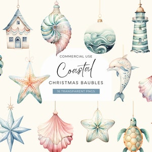 Coastal Christmas Clipart, DIGITAL DOWNLOAD, Beach Christmas Watercolor Ornament, Nautical Sea Shell Ocean Decoration, Commercial Use PNG