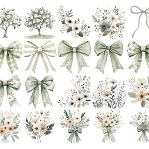 Puede incluir: Ilustraciones en acuarela de arreglos florales, lazos y &aacute;rboles en tonos verdes y blancos suaves. La imagen presenta varios dise&ntilde;os de lazos, ramos y peque&ntilde;os &aacute;rboles con flores blancas, todo con un estilo delicado.