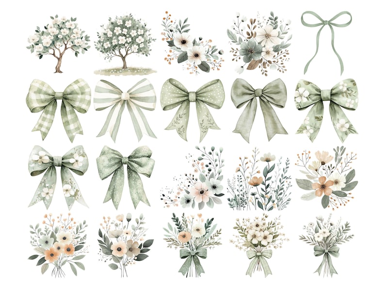Puede incluir: Ilustraciones en acuarela de arreglos florales, lazos y &aacute;rboles en tonos verdes y blancos suaves. La imagen presenta varios dise&ntilde;os de lazos, ramos y peque&ntilde;os &aacute;rboles con flores blancas, todo con un estilo delicado.