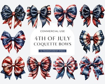 Fourth July Bow Clipart, DIGITAL DOWNLOAD, 4th Of July American Coquette Bows Clip Art, Patriotic Independence Day Image, Commercial Use PNG