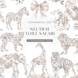 Clipart Safari neutre toile, téléchargement numérique, clipart toile de Jouy animaux de la jungle, baby shower chinoiseries aquarelle, usage commercial PNG