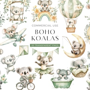 Puede incluir: Ilustraciones de acuarela de adorables koalas en varias poses, incluyendo montar en bicicleta, volar en avión y relajarse en una bañera. El texto "BOHO KOALAS" y "52 TRANSPARENT PNGS" también es visible.
