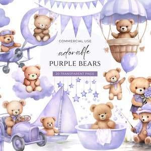 Lila Teddybär Clipart, DIGITAL DOWNLOAD, Heißluftballon Teddybär, süße Boho Bären, Aquarell Baby Shower Clipart, kommerzielle Nutzung PNG