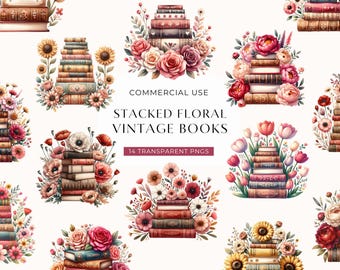 Stacked Floral Books Clipart, Watercolor Stack Of Vintage Books And Flowers, Library Reading Clip Art, Boho Book Lover, DIGITAL DOWNLOAD
