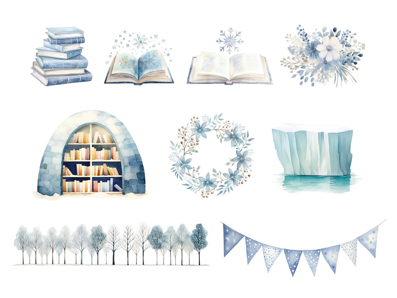 Arctic Animals Reading Clipart, DIGITAL DOWNLOAD, Winter Books Clip Art, Christmas December Baby Shower, Cute North Pole Commercial Use PNG image 3