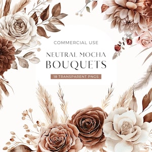 Neutral Mocha Floral Clipart, Boho Watercolor Bouquet, Rustic Wedding Invitation Clip Art, Cream & Brown Flower Arrangement DIGITAL DOWNLOAD