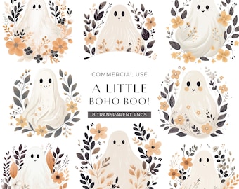 Boho Ghost Clipart, DIGITAL DOWNLOAD, Floral Ghost Clipart, Cute Watercolor Ghost, Fall Boo Baby Shower, Pastel Halloween Commercial Use PNG