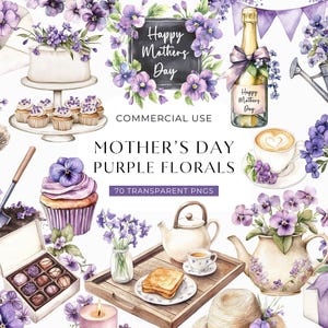 Puede incluir: Una colección de ilustraciones en acuarela con flores moradas, un oso de peluche, cupcakes, una botella de champán, una tetera, una caja de regalo y bombones, con el texto Happy Mothers Day y Mother's Day Purple Florals.