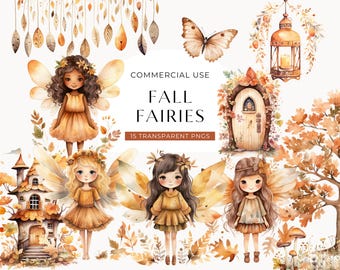 Fall Fairy Clipart Bundle, DIGITAL DOWNLOAD, Watercolor Woodland Fairies, Forest Fairy Tale, Autumn Garden Baby Shower, Commercial Use PNG