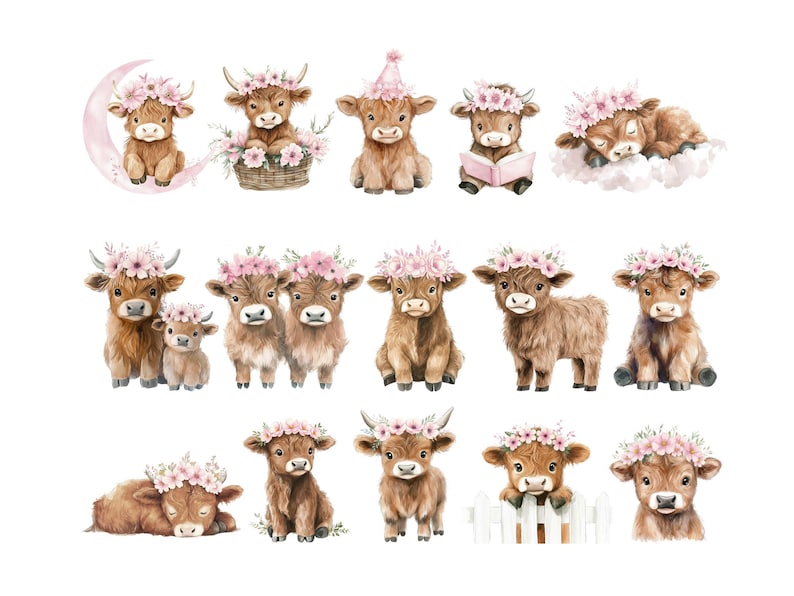 Highland Cow Clipart Pink, Watercolor Boho Floral Clip Art, Rustic Girl ...
